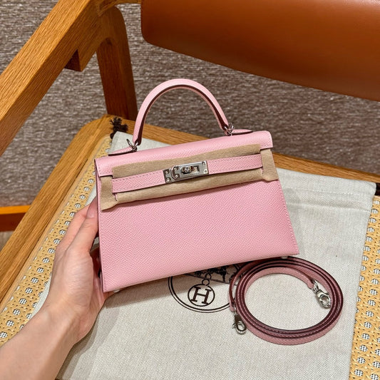 Hermes Mini Pink Kelly Bag Epsom Leather Platinum
