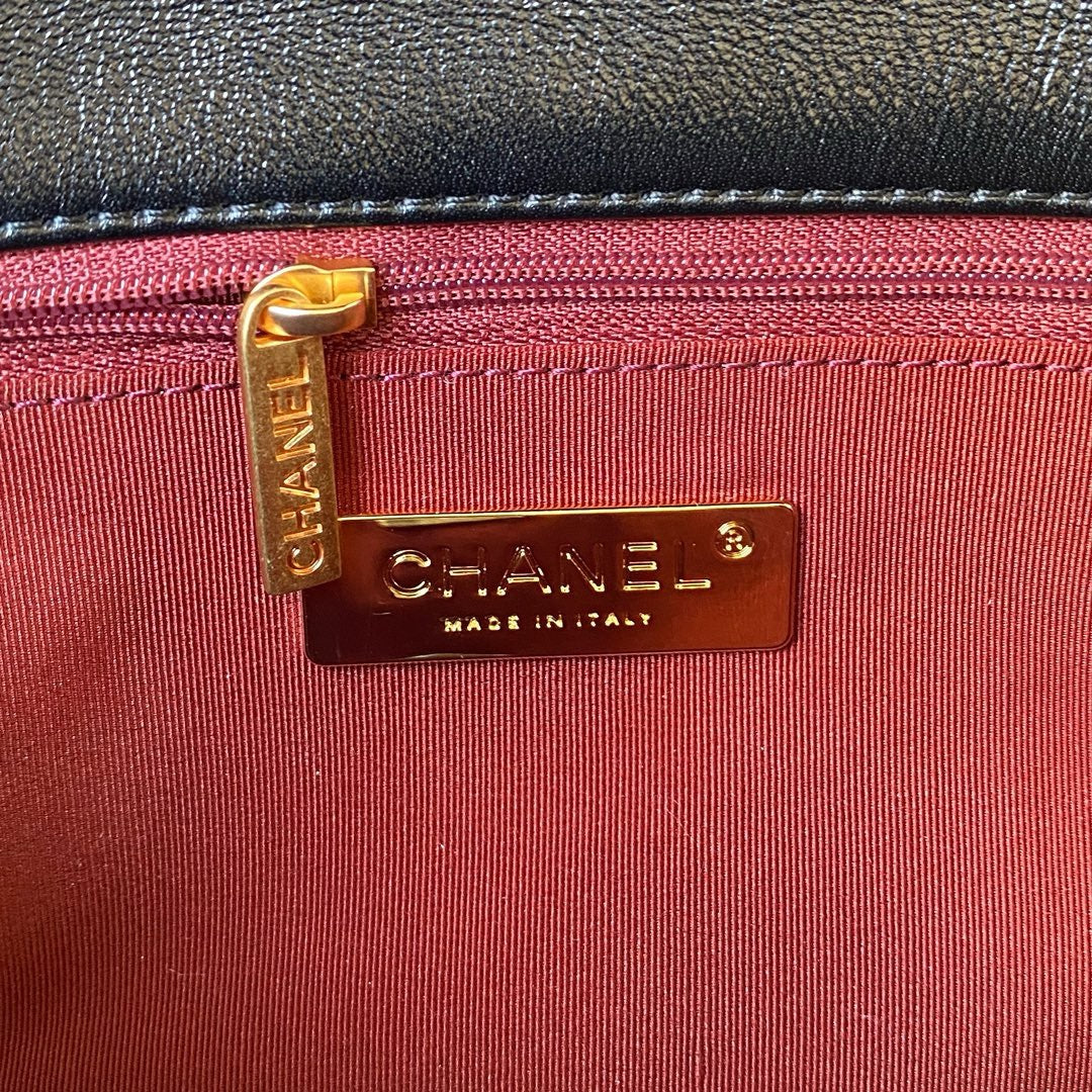 chanel logo gold hardware inside chanel 19 handbag