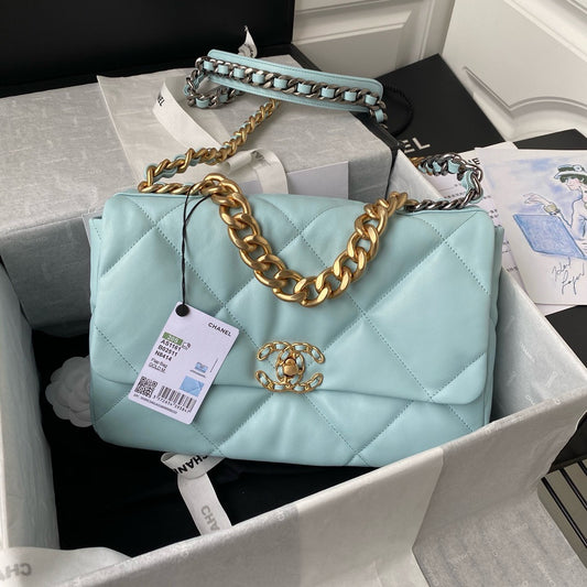 Large Chanel 19 Handbag in Aqua colour with Gold and silver tone hardware