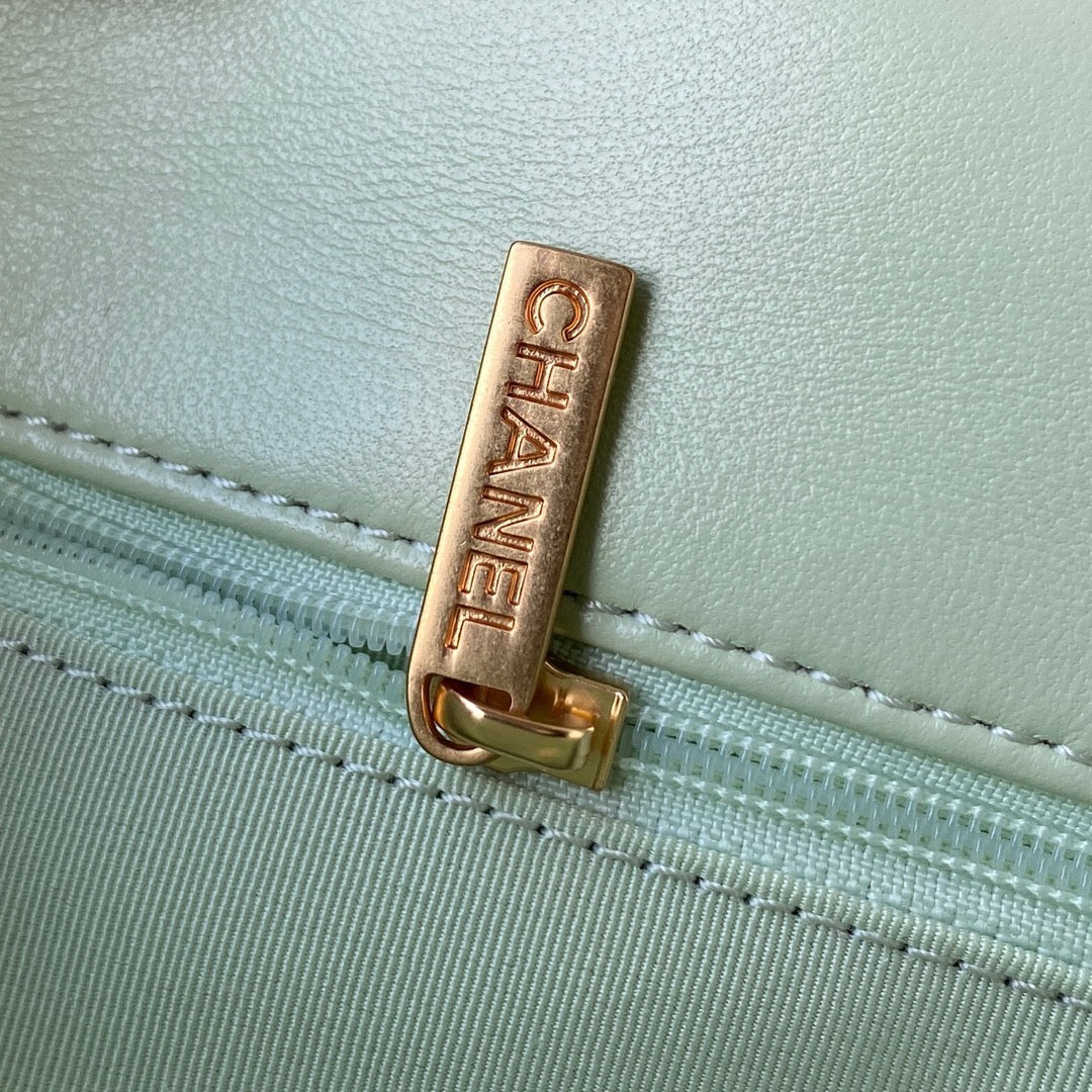 vintage gold zipper hardware of Light green large chanel 19 handbag in gold hardware