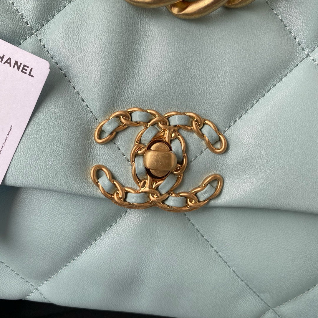 Logo of Chanel 19 Handbag in Aqua colour 