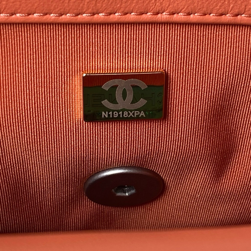 chanel microchip hardware of Orange chanel 19 handbag in lamb skin and silver hardware