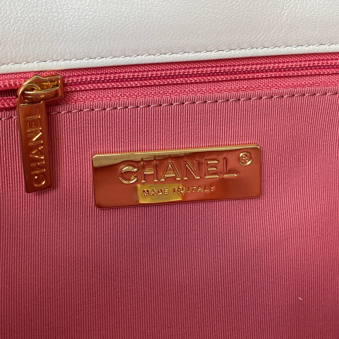 Chanel 19 Handbag White Lamb Skin Gold-Tone Silver-Tone Small