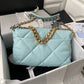 back of Large Chanel 19 Handbag in Aqua colour with Gold and silver tone hardware