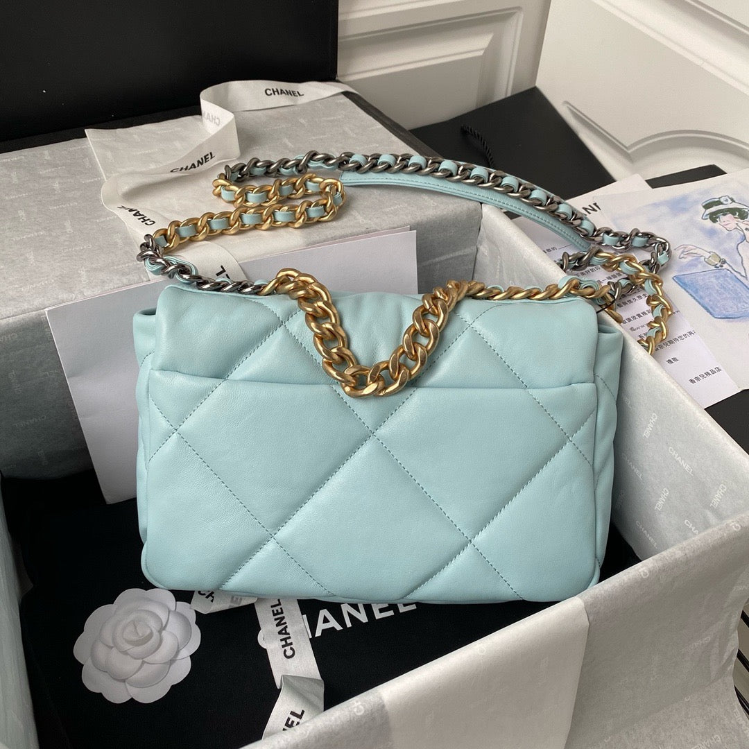 back of Large Chanel 19 Handbag in Aqua colour with Gold and silver tone hardware