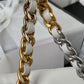 gold and silver chain strap of white chanel 19 handbag in silver hardware lamb skin