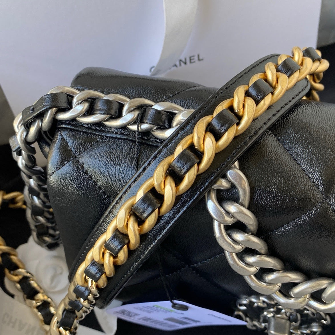 gold chain of chanel 19 handbag black lamb skin