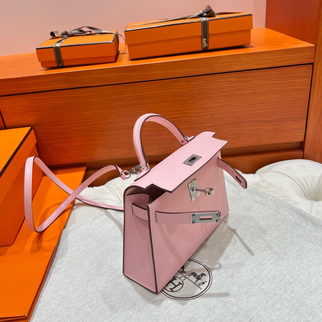 Hermes Mini Pink Kelly Bag Epsom Leather Platinum
