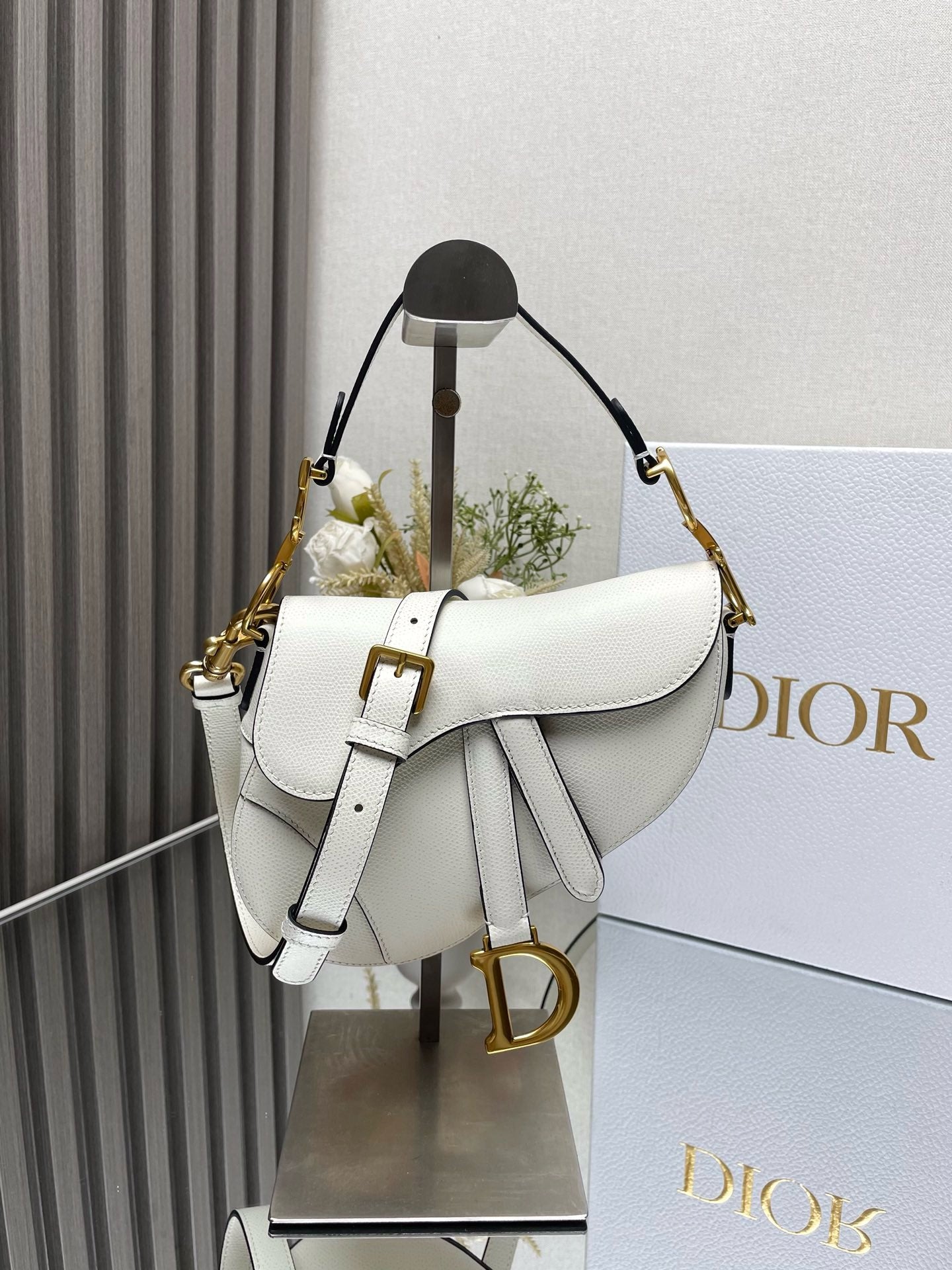 Dior Saddle Bag with Strap White Grained Calfskin
