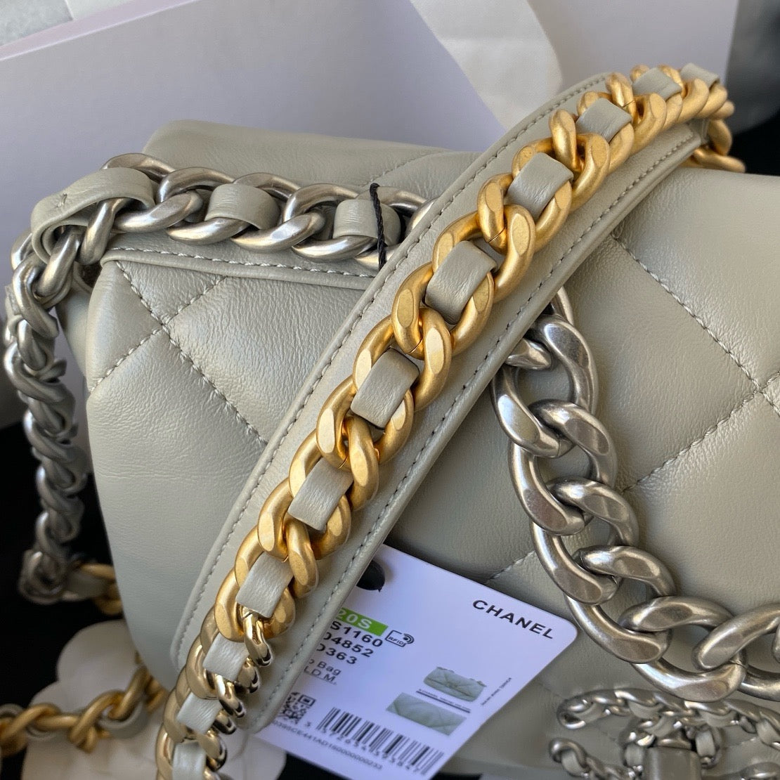 gold and silver chain strap of light grey chanel 19 handbag silver hardware lamb skin