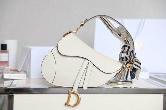 White Dior saddle calf skin bag vintage gold hardware 