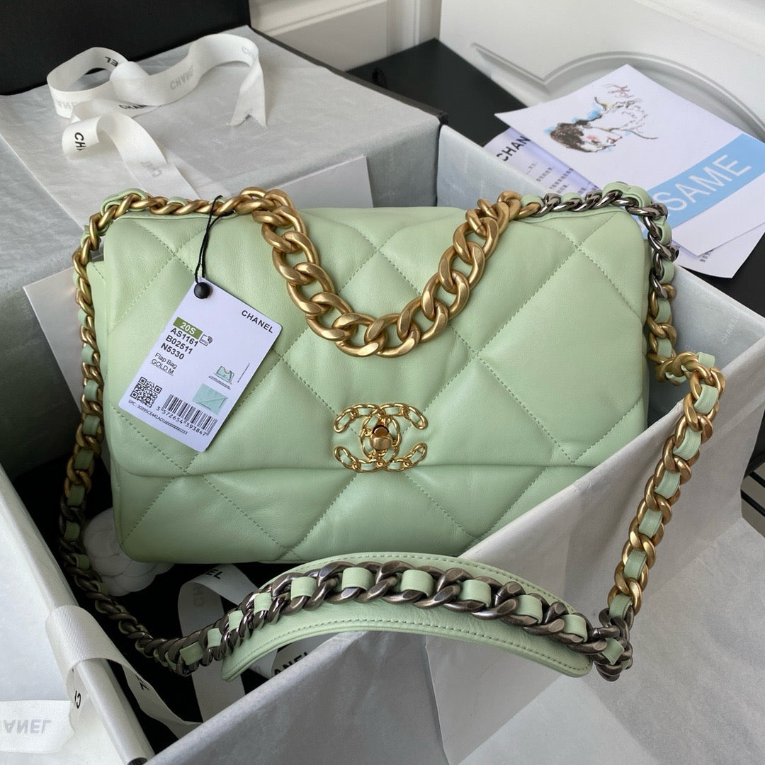 Light green large chanel 19 handbag in gold hardware