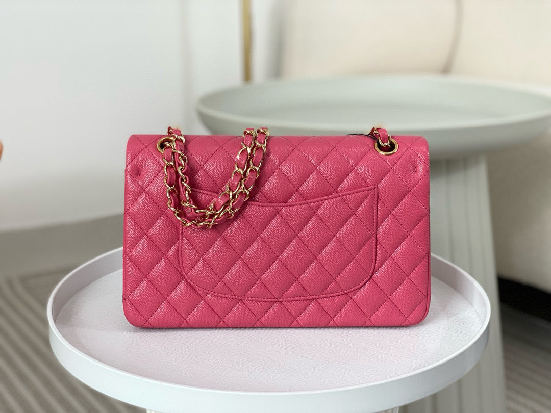 Chanel Classic Flap Bag Grained Calf Skin Hot Pink Platinum Grade