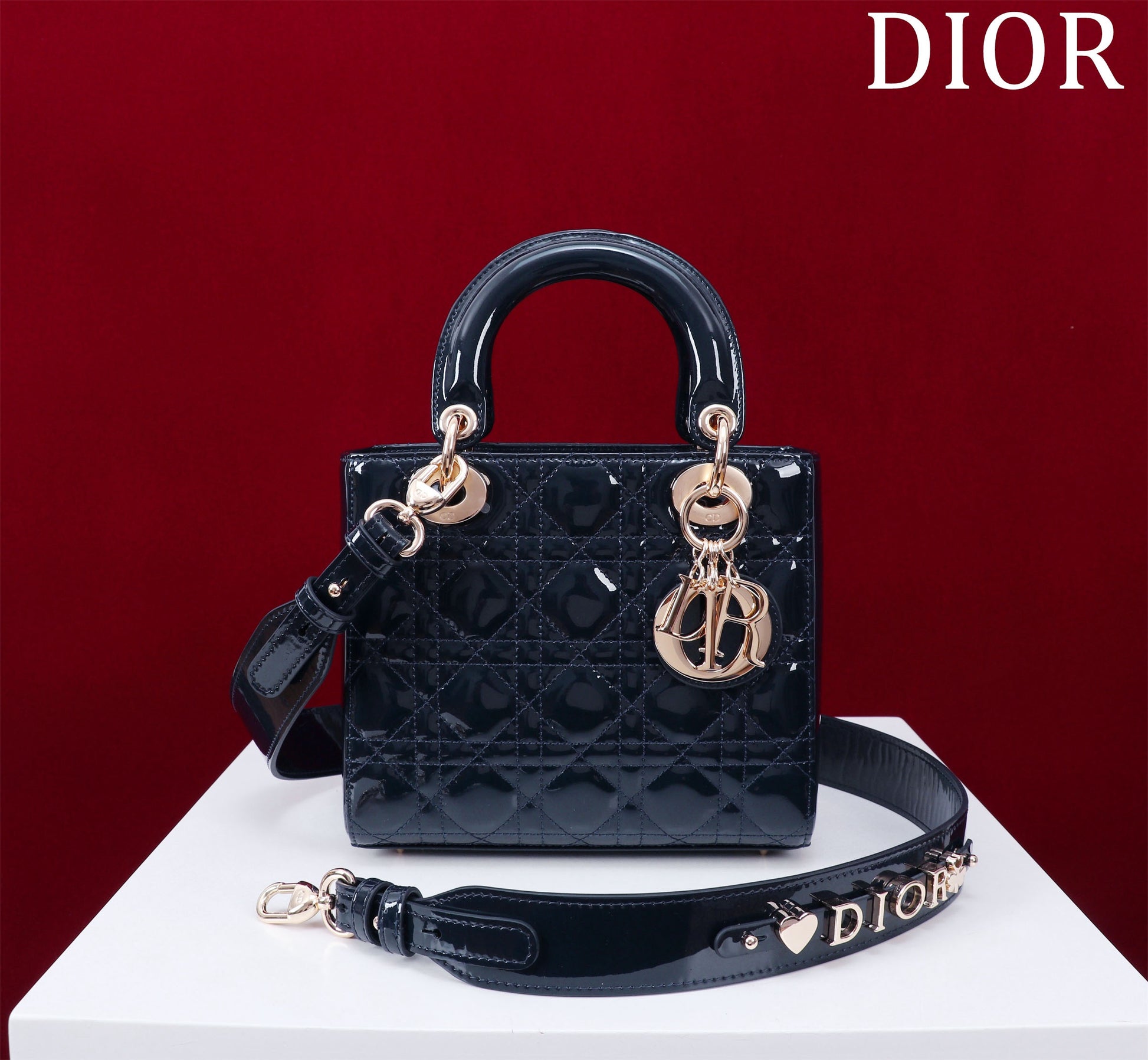 Blue small patent leather lady dior
