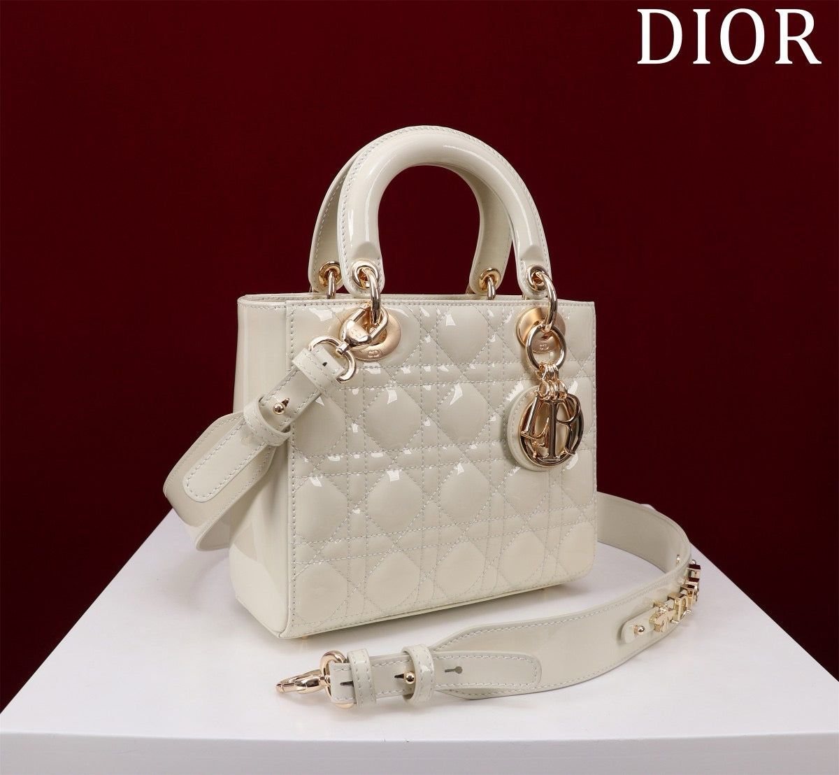 white patent leather lady dior bag