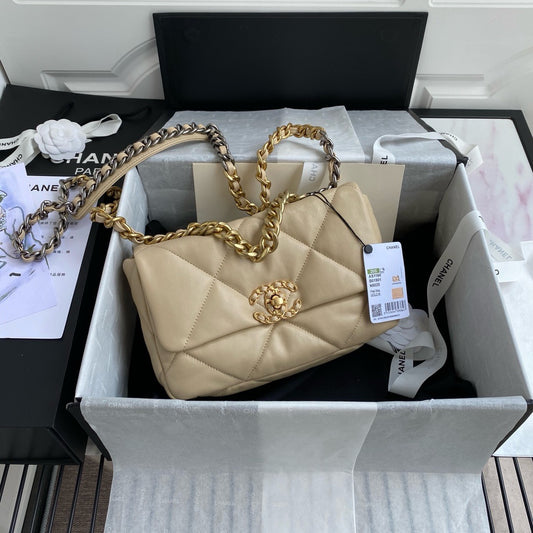 Chanel 19 handbag in beige lamb skin