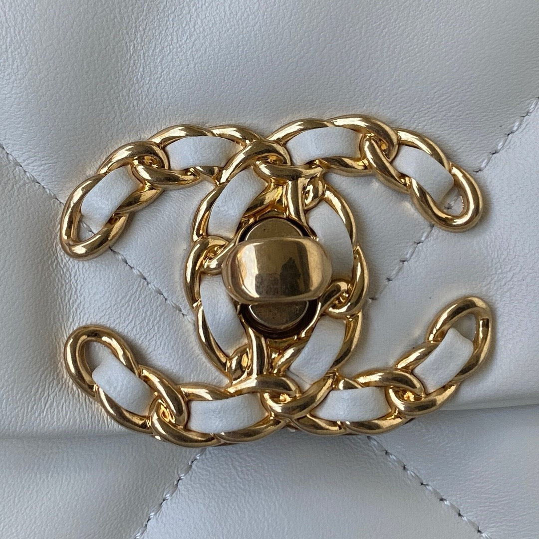 gold chanel logo buckle of white chanel 19 handbag gold hardware lamb skin