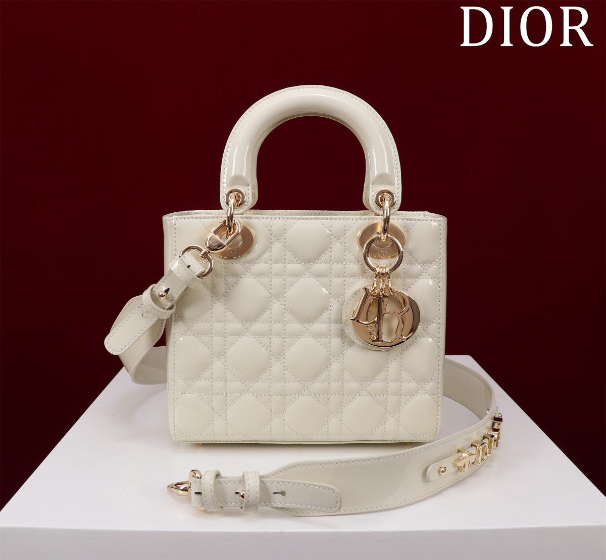 front of white patent leather lady dior bag