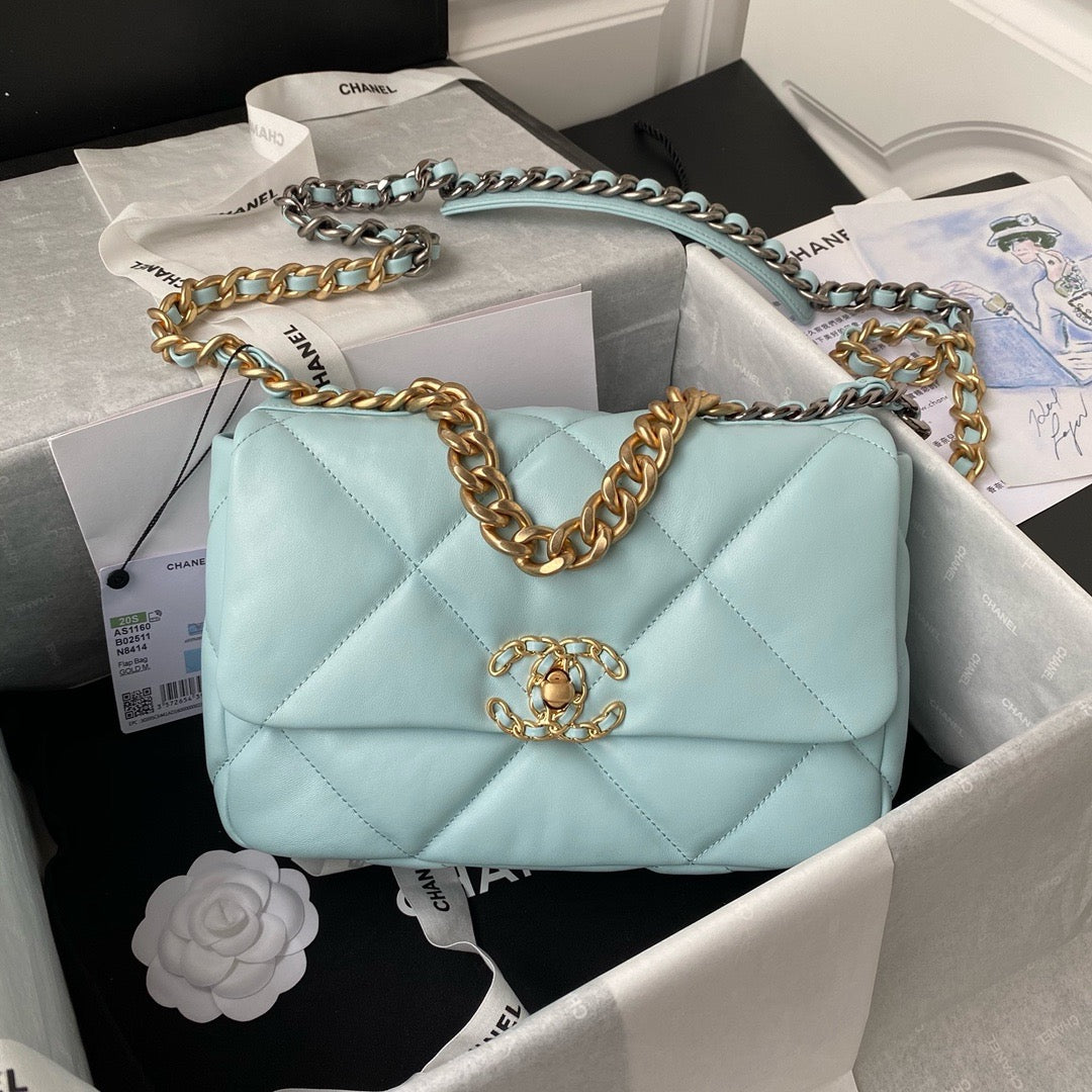front of Chanel 19 Handbag in Aqua colour with Gold and silver tone hardware