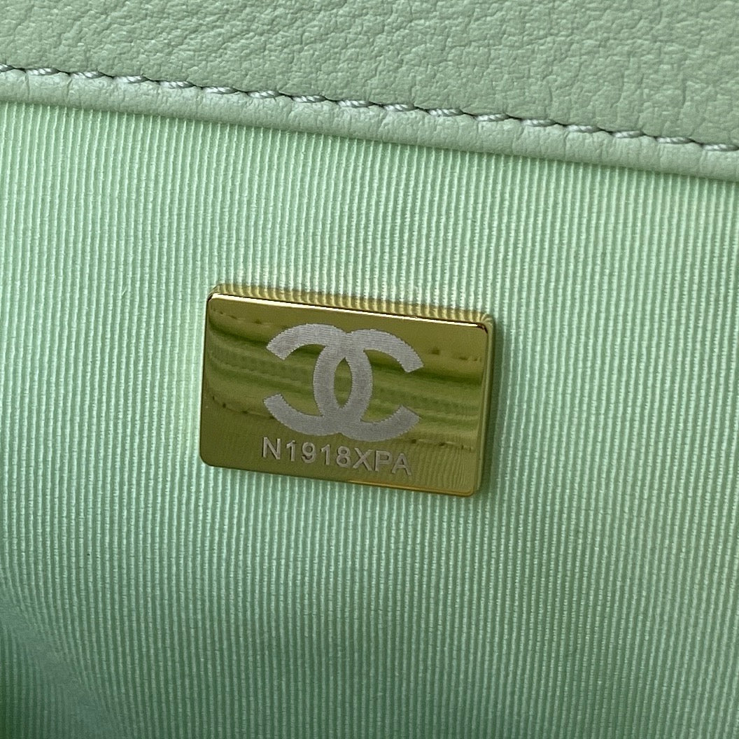 gold chanel microchip inside Light green large chanel 19 handbag in gold hardware