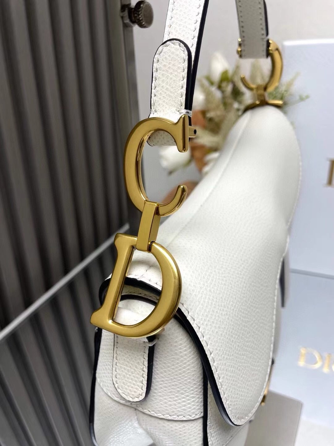 Logo hardware of Dior Saddle Bag with Strap White Grained Calfskin