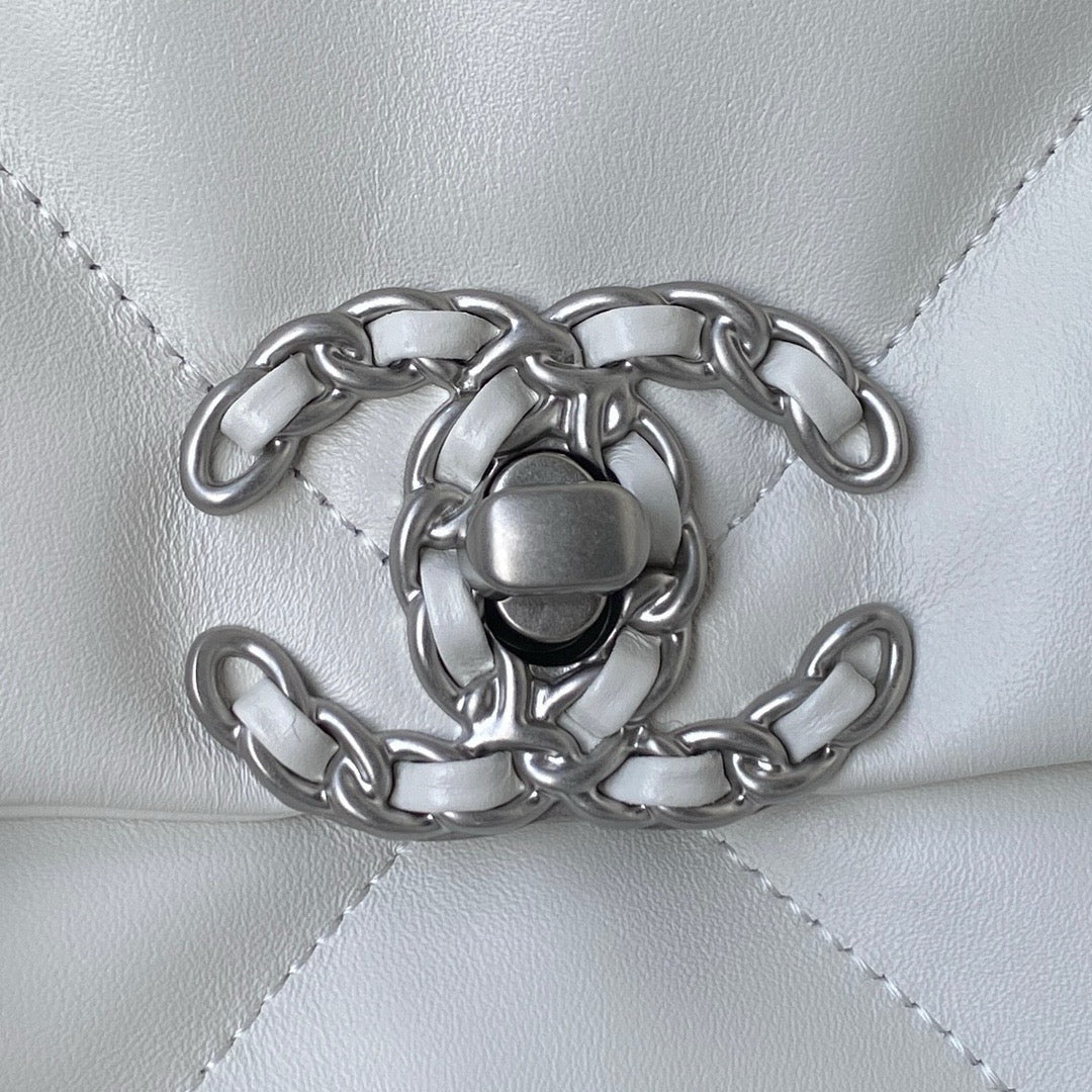 silver chanel logo buckle of white chanel 19 handbag in silver hardware lamb skin