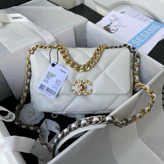 white chanel 19 handbag gold hardware lamb skin