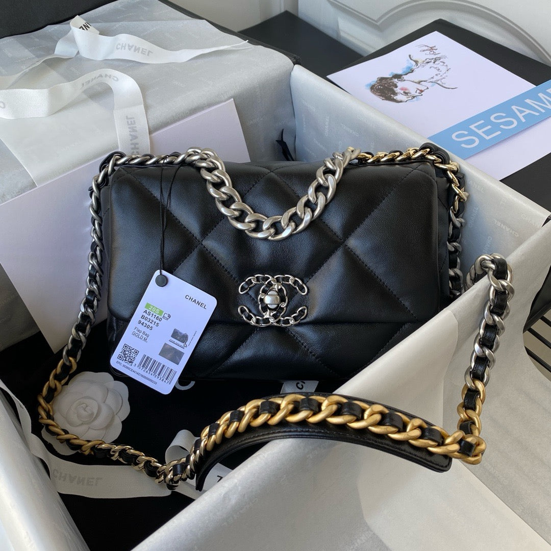 Chanel 19 handbag in silver hardware lamb skin black