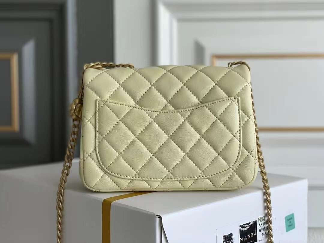 Chanel Lamb Skin Camellia Chain Crossbody Shoulder Bag Lemon High Grade