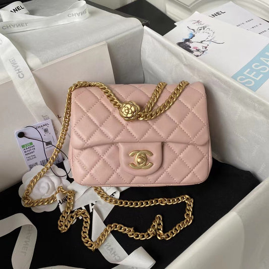 Chanel Lamb Skin Camellia Chain Crossbody Shoulder Bag Pink High Grade
