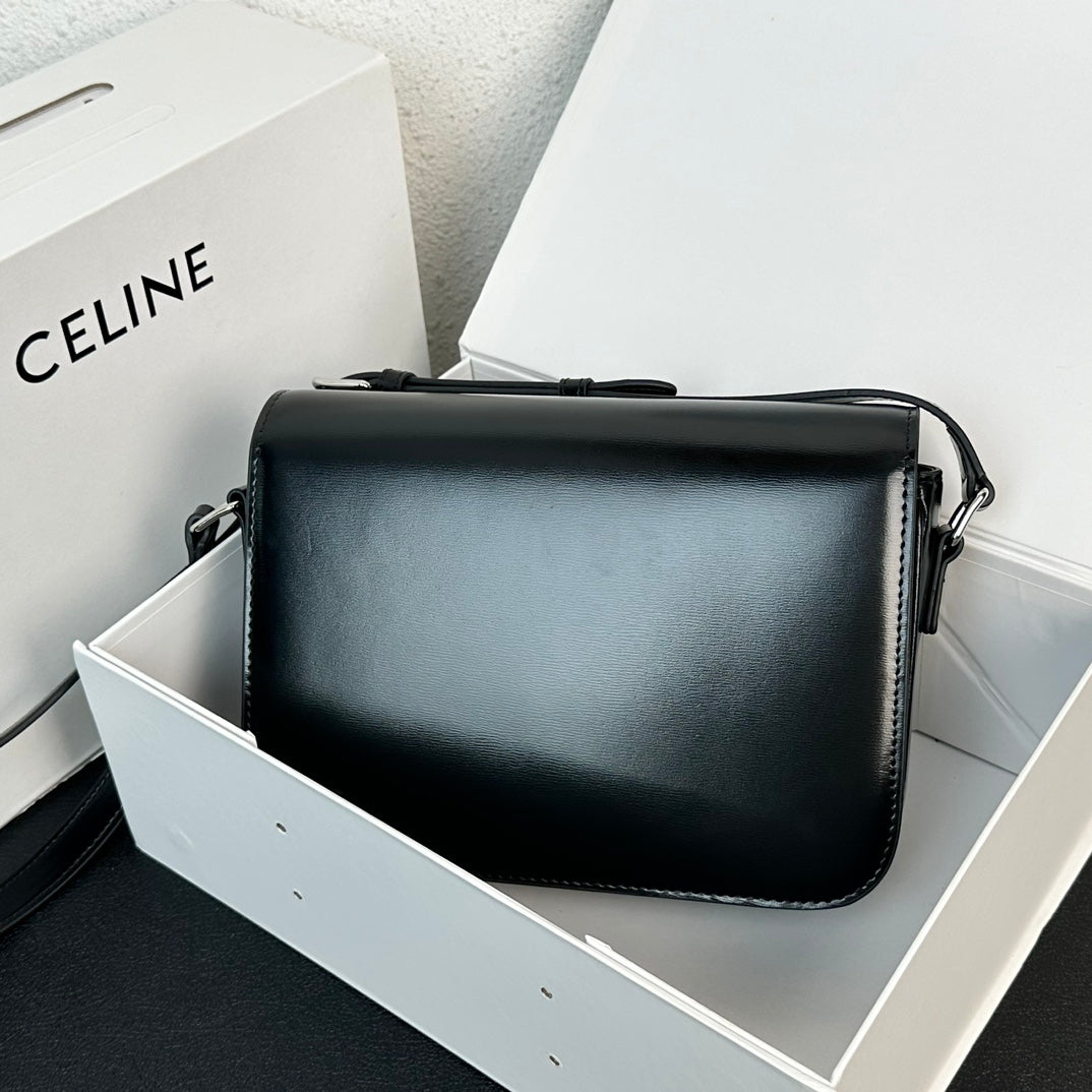 Celine Triomphe CLASSIQUE TRIOMPHE BAG Calf Skin Crossbody Mid Grade - black