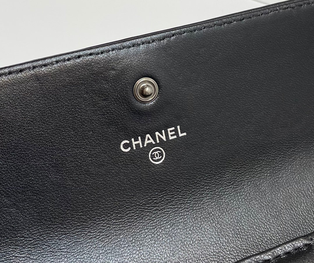 Chanel Bi-Fold Black Boy Wallet Lamb Skin Silver High Grade